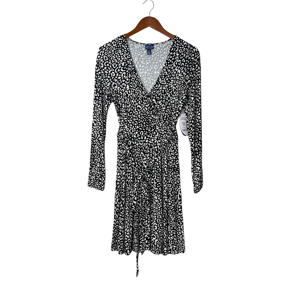SCOOP NYC Animal Print Black and White Faux Wrap Tie Waist Long Sleeve Dress